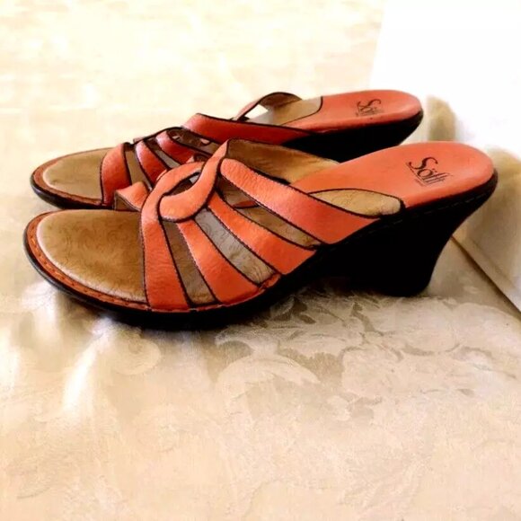 Womens SOFFT Leather Flats Sandals Shoes 10 M Coral Salmon Orange Black Slip On - Picture 6 of 13